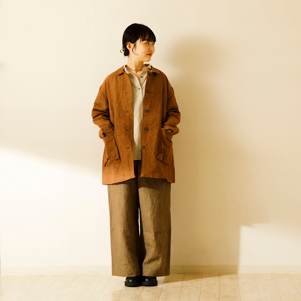 リネン和紙ステンカラーハーフコート　　リネン和紙ポケットパンツ