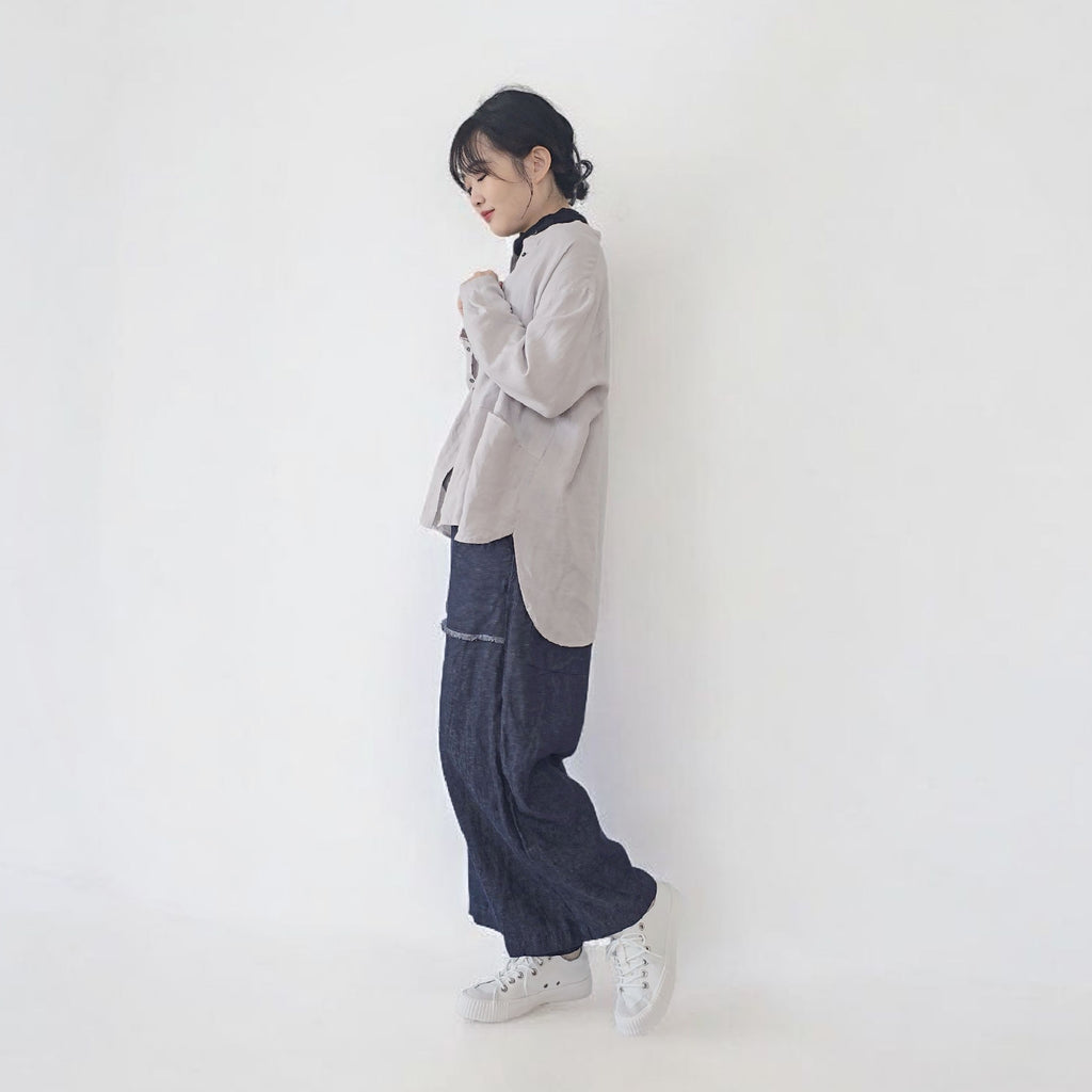 リネンポケットシャツ　リネンデニム　フリンジトリムパンツ