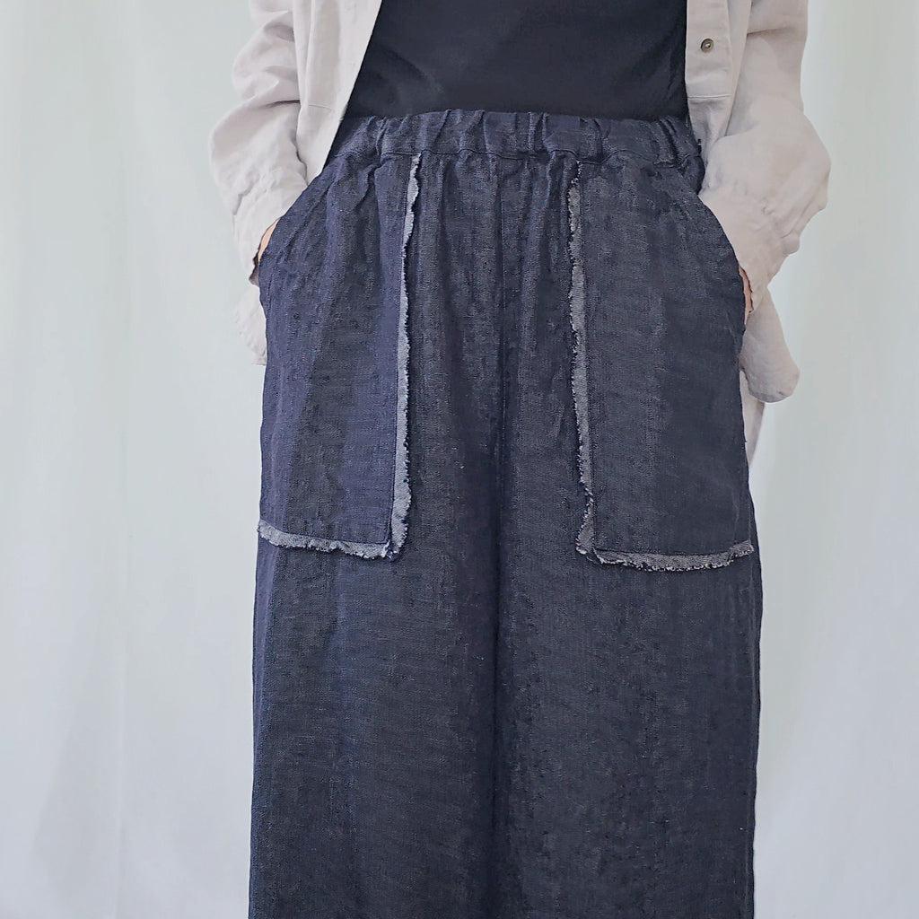 リネンデニム　フリンジトリムパンツ