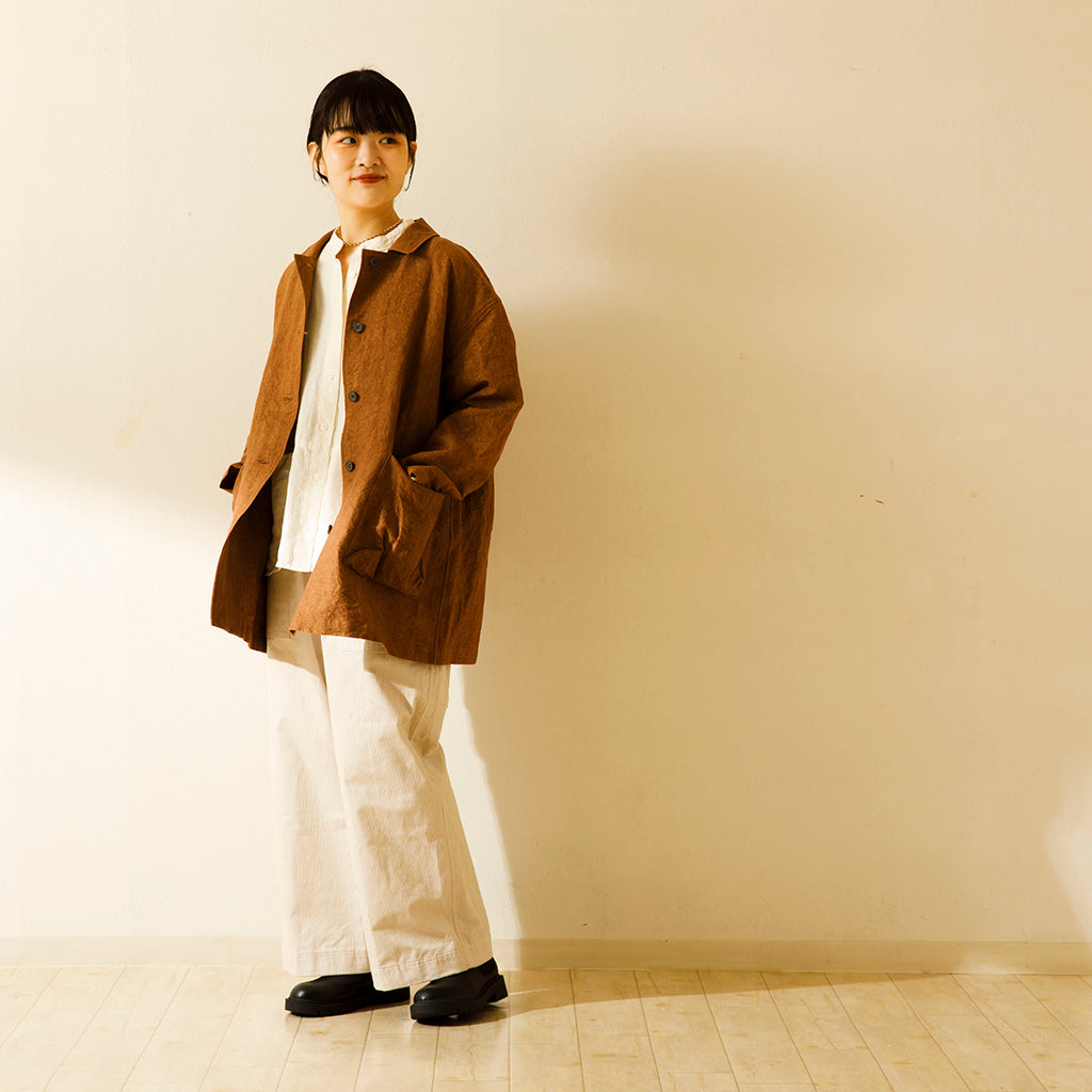 リネン和紙ステンカラーハーフコート